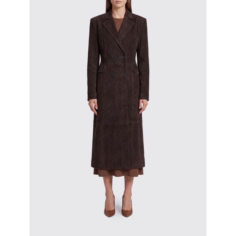 Rotate Women Double-Breasted Slim Fit Suede Long Coat Rotate